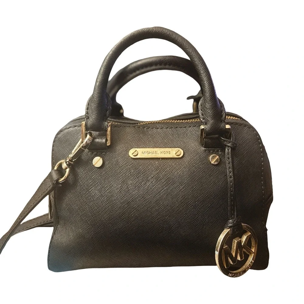 Michael Kors Bedford Mini Satchel Black Saffiano Leather Crossbody Bag Gold Tone